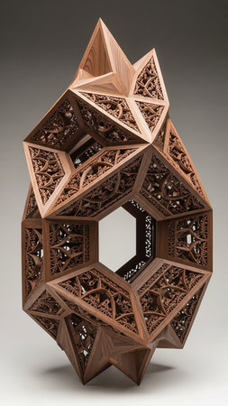A complex geometric sculpture carved from wood intricate fractal-like details and sharp angular facets with visible natural wood grain.の素材
