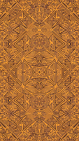 An intricate and complex geometric pattern in vibrant orange and black, featuring detailed linework and symmetrical tribal-inspired motifs.の素材