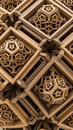 Interlocking showing complex geometric wooden sculpture with interlocking cubes and star-like polyhedra forms. resolution use.の素材