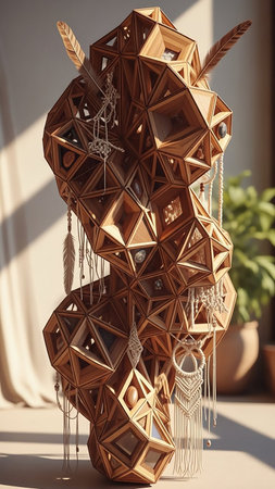 A complex geometric wooden sculpture with feathers and macrame hanging creating a bohemian installation in a sunlit room.の素材