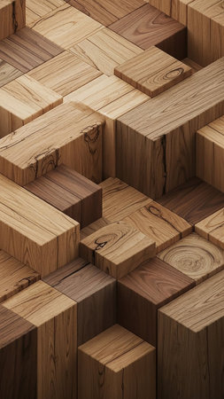An abstract 3D arrangement of wood blocks with varied heights and depths, showcasing natural wood grain and textures in warm brown tones.の素材