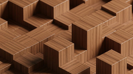 A close-up view of a 3D wooden geometric surface with cubes and rectangles of varying heights, showcasing natural wood grain texture and warm brown tones.の素材