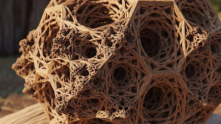 A detailed wooden fractal sculpture with a complex geometric cellular structure, exhibiting natural earthy tones and an intricate, porousの素材