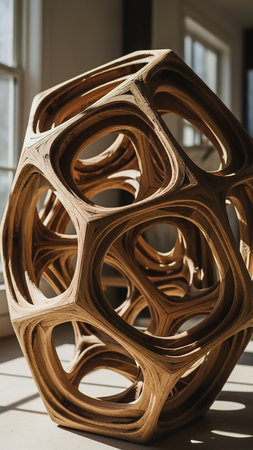A complex geometric wooden sculpture with organic, flowing shapes and visible wood grain, lit by soft light from a window.の素材
