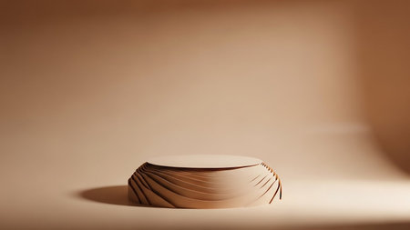 Pedestal showing curved beige pedestal with layered rippled texture and soft spotlight illumination against a smooth warm brown background. resolutionの素材