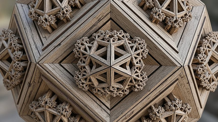 Details showing complex geometric fractal sculpture constructed from weathered wood with detailed textures and sharp edges keywords: fractal, geometric, sculpture,...の素材