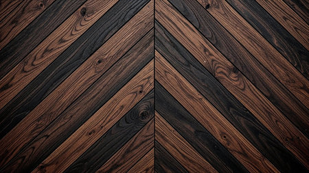 A close-up view of a chevron pattern created from dark and light wood planks, showcasing natural grain and knot details.の素材