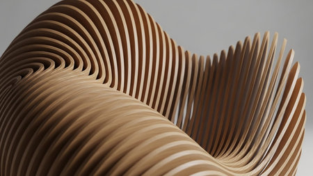 Gray showing abstract sculpture of curved wooden slats forming a swirling organic shape against a light gray background. resolutionの素材