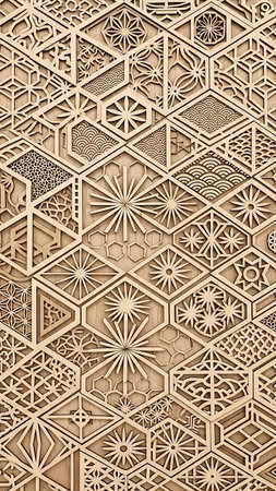 Light showing detailed geometric wood carving pattern composed of interlocking hexagons and various intricate keywords: geometric, wood, carving, pattern,...の素材