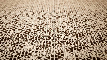 An intricate Japanese Kumiko wood lattice pattern composed of geometric triangles and delicate floral motifs, rendered in warm beige tones.の素材