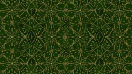 A repeating seamless geometric pattern of stars with thin gold outlines on an emerald green textured background.の素材