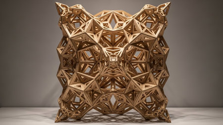 An intricate wooden sculpture composed of repeating geometric polyhedral forms creating a complex lattice-like structure.の素材