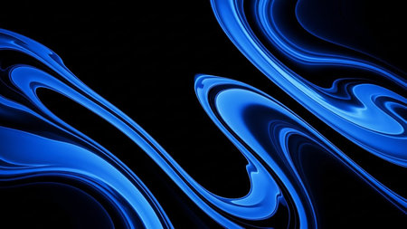 Energetic showing abstract swirling patterns of bright blue light and fluid shapes against a stark black background, creating a dynamic and energetic visual effect....の素材