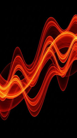 Visual showing dynamic abstract wavy lines of vibrant orange and red light flowing and overlapping against a solid black background creating a fiery, energetic...の素材