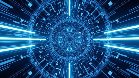 A vibrant blue abstract tunnel with glowing light streaks and geometric patterns, creating a sense of rapid movement through digital space.の素材