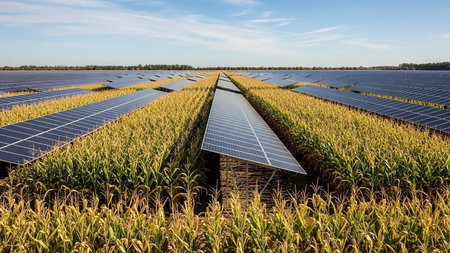 A vast solar farm featuring rows of photovoltaic panels situated within a cornfield under a clear blue sky.の素材