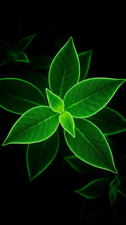 A detailed macro view of a bright green plant with luminous edges and visible leaf veins set against a deep black void, emphasizing its organic structure and...の素材