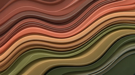 Smooth, layered wavy lines in earthy tones of terracotta, beige, olive green, and white create a flowing abstract background with a natural feel.の素材