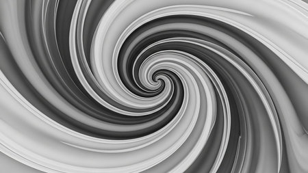 Smooth showing monochromatic swirling vortex abstract background with smooth curves and gradual shades of gray and white creating a sense of depth and motion...の素材