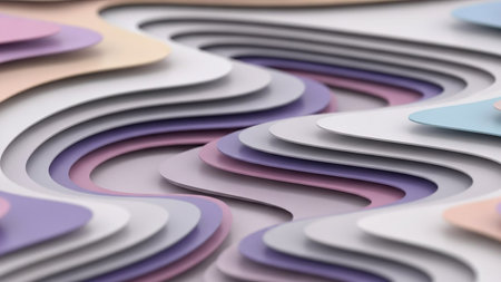 A serene, layered abstract background gentle wavy forms in soft pastel colors with subtle shadows, creating an undulating paper-cut effect.の素材