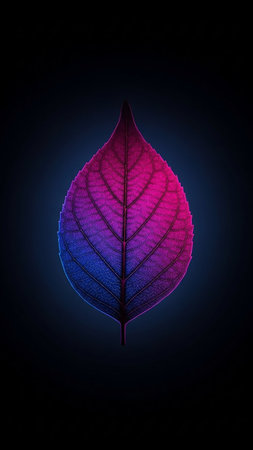 A single leaf illuminated with a gradient of neon pink and blue light against a dark, moody background, creating a striking visual contrast.の素材