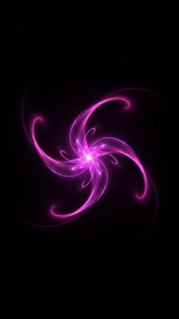 A vibrant pink and purple fractal light pattern swirls symmetrically like a pinwheel or starburst with glowing tendrils against a black background.の素材