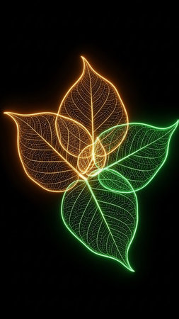 Four stylized leaf skeletons, outlined in glowing neon orange and green, are arranged symmetrically against a dark black background, creating an ethereal and...の素材