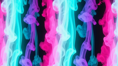 Vertical columns of vibrant neon ink clouds in cyan, pink, and purple swirl dynamically against a stark black background, creating a abstract visual.の素材
