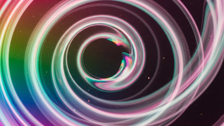 A vibrant rainbow colored vortex of light trails swirls inwards against a dark, speckled background, creating a sense of motion and depth.の素材