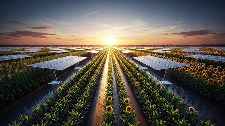 A vast agricultural landscape at sunset with rows of sunflowers and corn fields interspersed with solar panels under a warm, glowing sky.の素材