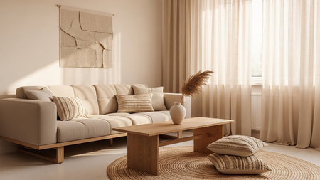 Reeds showing a bright and airy living room with a neutral color palette a modern beige sofa adorned with striped and textured pillows, a light wood coffee table...の素材