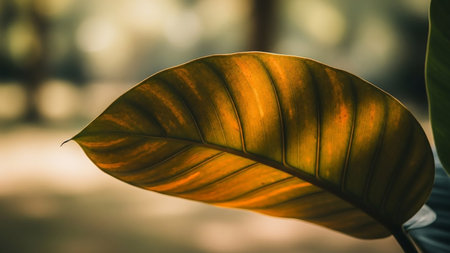 showing a close-up macro shot of a large, vibrant green leaf with prominent veins, illuminated from behind by warm golden light, creating a translucent effect...の素材