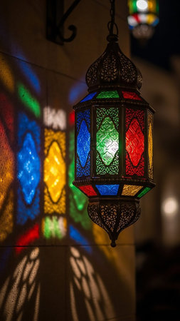 A vibrant stained-glass lantern hangs outdoors at night, projecting colorful red, blue, green, and yellow light patterns onto a textured stone wall.の素材