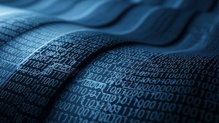 A dark blue and cyan abstract 3D visualization of flowing binary code forming a digital wave with embedded hexagonal structures.の素材