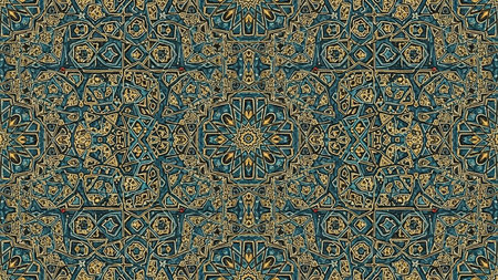 A detailed and symmetrical Islamic geometric pattern with a central star motif and interwoven in teal, dark blue, gold, and burgundy.の素材