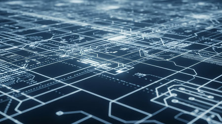 showing abstract digital representation of a complex blue and white electronic circuit board with intricate lines and nodes creating a futuristic...の素材