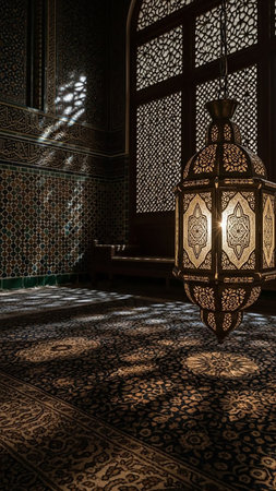 Detailed showing an ornate moroccan lantern hangs in a richly decorated room with patterned tiled walls and a patterned carpet. sunlight streams through a latticed...の素材