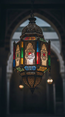 showing an ornate, antique moroccan lantern with intricately carved metalwork and stained glass panels in vibrant red, green, blue, and yellow hues hangs in a...の素材