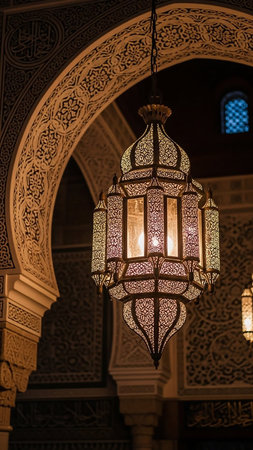 An intricately designed metal lantern hangs within a richly carved arched doorway, casting a warm, ambient glow and showcasing detailed geometric patterns.の素材