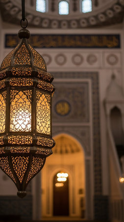 Illuminated showing an ornate, antique brass lantern with intricate geometric patterns hangs in the foreground, illuminated from within, with a blurred background...の素材