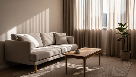 A bright living room a light beige sofa and a natural wood coffee table. Sheer beige curtains allow warm sunlight to filter into the space.の素材