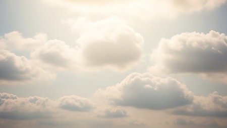 Fluffy white cumulus clouds are brightly lit by sunlight, creating a soft golden glow against a pale blue sky.の素材