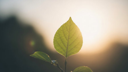 A vibrant green leaf with intricate veins is backlit by the warm glow of the setting sun, creating a soft bokeh effect against a blurred natural background.の素材