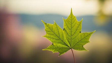 Close-up showing close-up of a vibrant green maple leaf with prominent veins, held by a thin stem, set against a softly blurred background of warm, natural outdoor...の素材