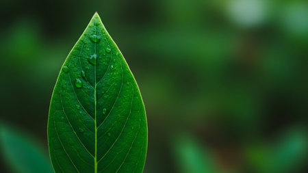 Close-up showing close-up of a bright green leaf with visible veins and small water droplets, set against a softly blurred green background, emphasizing the natural...の素材