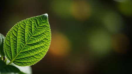 showing close-up of a vibrant green leaf with intricate veins and serrated edges against a softly blurred background. resolutionの素材