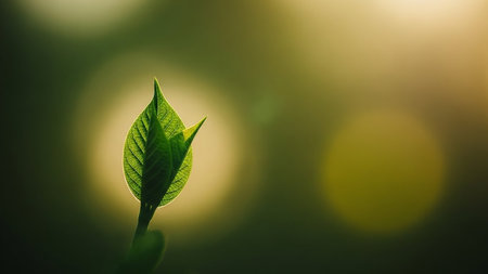 Young showing close-up of a young green leaf with delicate veins backlit by soft golden sunlight against a blurred background. resolutionの素材