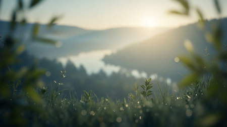 Close-up view of dewy green grass and leaves with a soft-focus, misty landscape and sunlit hills in the background.の素材