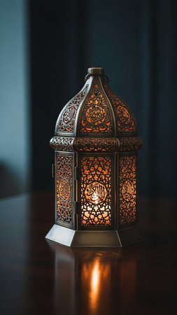 Glow showing close-up of an antique bronze islamic lantern with intricate geometric cutouts and arabic calligraphy glowing warmly from within on a dark polished...の素材