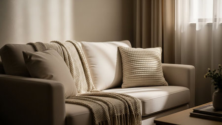 showing comfortable beige sofa with knitted throw blanket and textured cushions in a brightly lit living room. resolution use.の素材